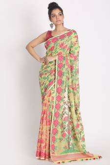 Green Yellow Jecquard Jamdani Saree Without Blouse