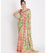 Green Yellow Jecquard Jamdani Saree Without Blouse