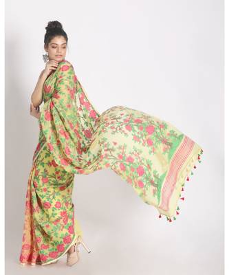 Green Yellow Jecquard Jamdani Saree Without Blouse 2