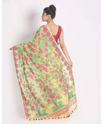 Green Yellow Jecquard Jamdani Saree Without Blouse 3