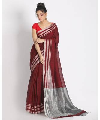 Silver Jori Border Maroon Linen Saree Silver Jori Pallu 1