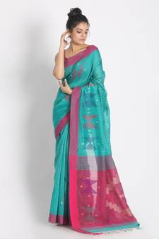 All Over Katha Work Teal Handloom Blended Cotton Saree