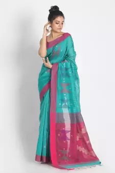 All Over Katha Work Teal Handloom Blended Cotton Saree