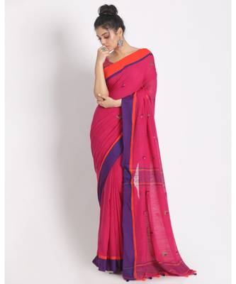 Rose Red Cotton Handloom With Weaving Motif 1