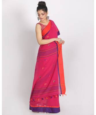 Rose Red Cotton Handloom With Weaving Motif 2