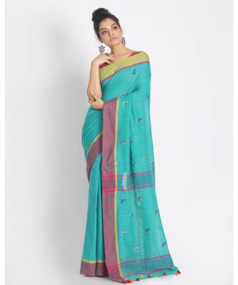 Aqua Cotton Handloom With Weaving Motif 1
