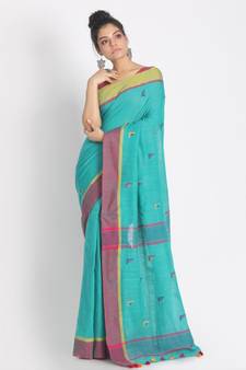 Aqua Cotton Handloom With Weaving Motif