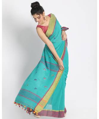 Aqua Cotton Handloom With Weaving Motif 2