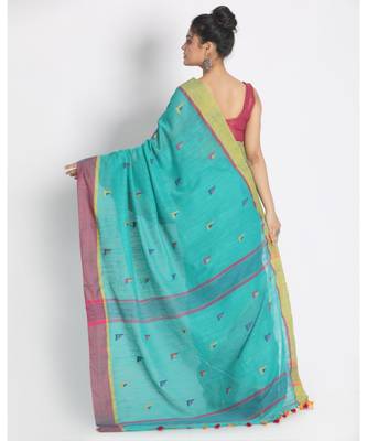 Aqua Cotton Handloom With Weaving Motif 3