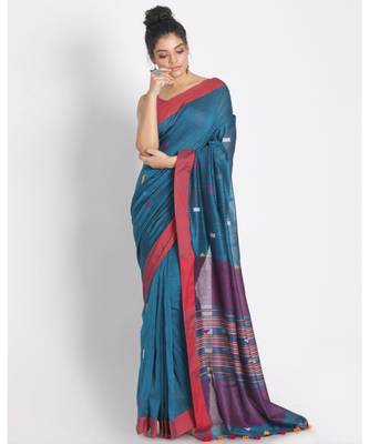 Teal Cotton Handloom Saree With Weaving Motif 1