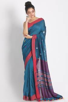 Teal Cotton Handloom Saree With Weaving Motif