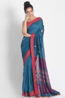 Teal Cotton Handloom Saree With Weaving Motif