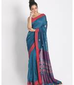 Teal Cotton Handloom Saree With Weaving Motif