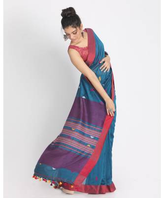 Teal Cotton Handloom Saree With Weaving Motif 2