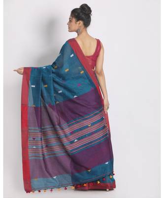 Teal Cotton Handloom Saree With Weaving Motif 3