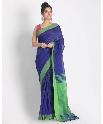 All Over Katha Work Blue Handloom Blended Cotton Saree 1