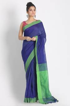 All Over Katha Work Blue Handloom Blended Cotton Saree