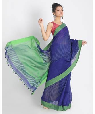 All Over Katha Work Blue Handloom Blended Cotton Saree 2