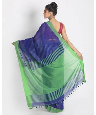 All Over Katha Work Blue Handloom Blended Cotton Saree 3