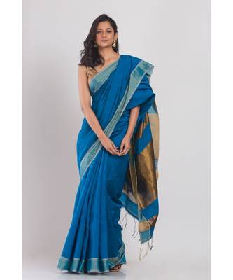 Blue blended cotton woven handloom saree 1