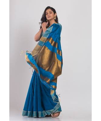 Blue blended cotton woven handloom saree 2