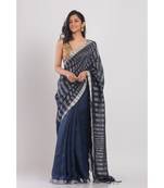 Navy blue linen saree with silver zori pallu and border