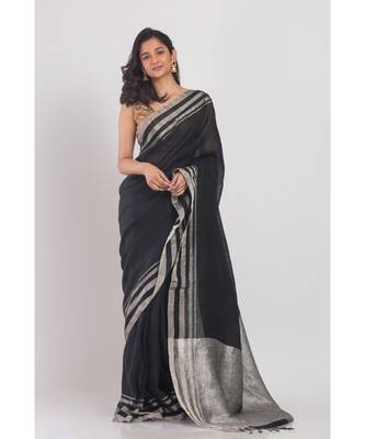 black handloom linen saree silver jori border and pallu 1