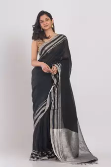 black handloom linen saree silver jori border and pallu