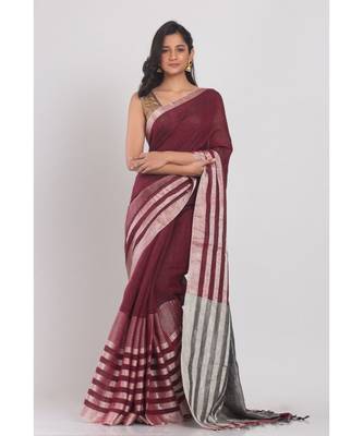 Maroon linen saree with silver zori pallu and border 1