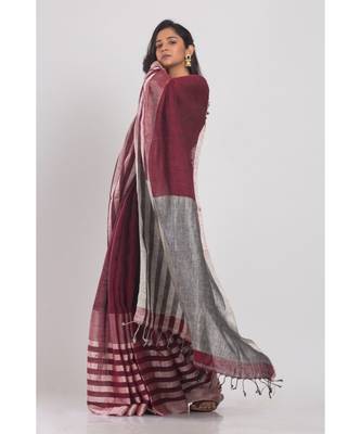 Maroon linen saree with silver zori pallu and border 2