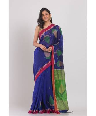 Blue Blended Cotton Jamdani Saree 1