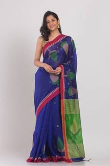 Blue Blended Cotton Jamdani Saree