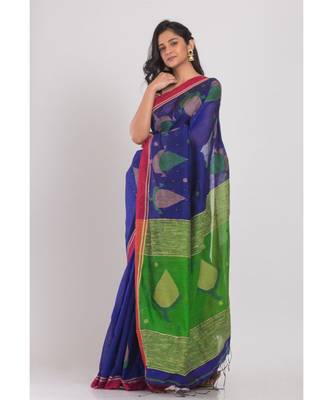 Blue Blended Cotton Jamdani Saree 2