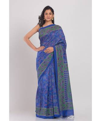 Blended Cotton Printed Designer Blue Saree 1