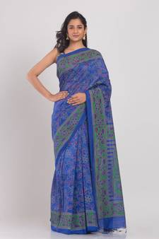 Blended Cotton Printed Designer Blue Saree
