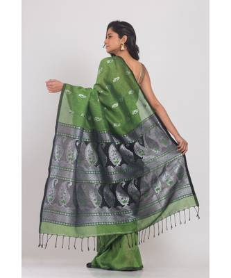 Green cotton linen handloom saree 3