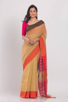 All Over Kantha Work Beige Handloom Saree