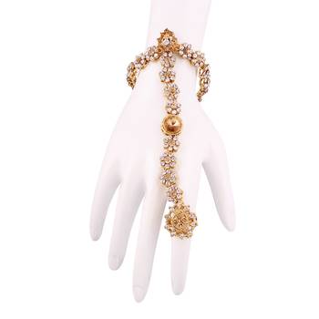 kundan and Pearl Adjustable Chain Ring Bracelet/ Hath phool for Women 2