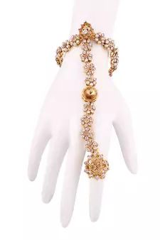kundan and Pearl Adjustable Chain Ring Bracelet/ Hath phool for Women