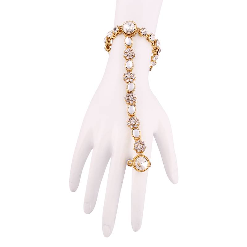 Gold Plated Stone Studded Adjustable Bracelet with Rings/Haathphool/Panja for Women
