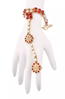 Gold Plated Floral Kundan Studded Adjustable Hath Phool/Panja/Bracelet for Women
