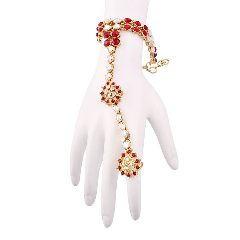 Gold Plated Floral Kundan Studded Adjustable Hath Phool/Panja/Bracelet for Women