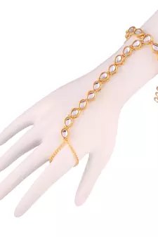 Traditional Gold Plated Kundan Hath Punja Adjustable Chain Bracelet with Ring for Women