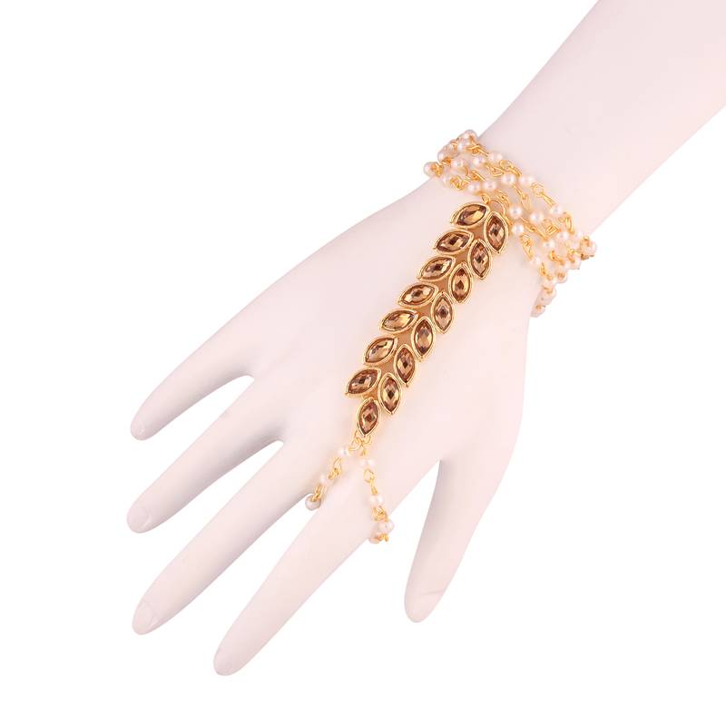 Traditional Gold Plated Kundan and Pearl Adjustable Hath Phool/Bracelet with Ring for Women