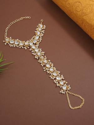 Traditional Embellish With Kundan & Pearl Adjustable Haath Phool/Panja Bracelet for Women 1