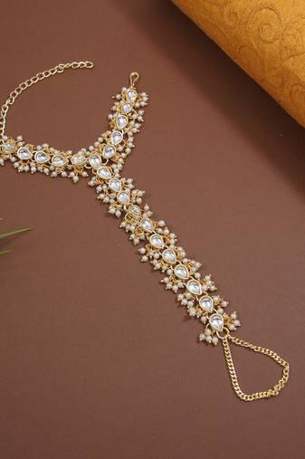 Traditional Embellish With Kundan & Pearl Adjustable Haath Phool/Panja Bracelet for Women