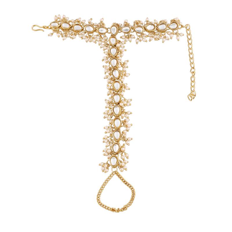 Traditional Embellish With Kundan & Pearl Adjustable Haath Phool/Panja Bracelet for Women