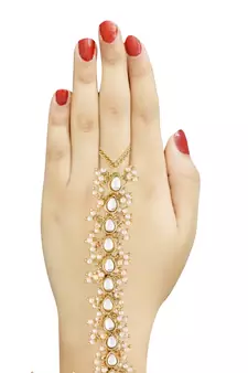 Traditional Embellish With Kundan & Pearl Adjustable Haath Phool/Panja Bracelet for Women