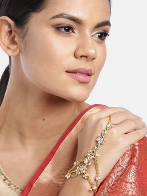 Traditional Gold Plated Kundan Pearl Hath Phool/Punja/Adjustable Chain Bracelet with Ring for Women 1