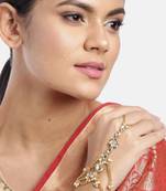 Traditional Gold Plated Kundan Pearl Hath Phool/Punja/Adjustable Chain Bracelet with Ring for Women